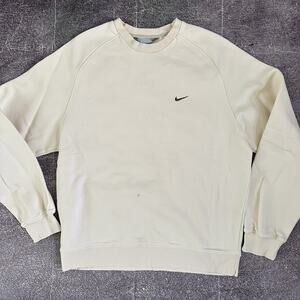 Men's Vintage Y2K Nike Cream Off White Basic Mini Logo Crewneck Sweatshirt Sz L